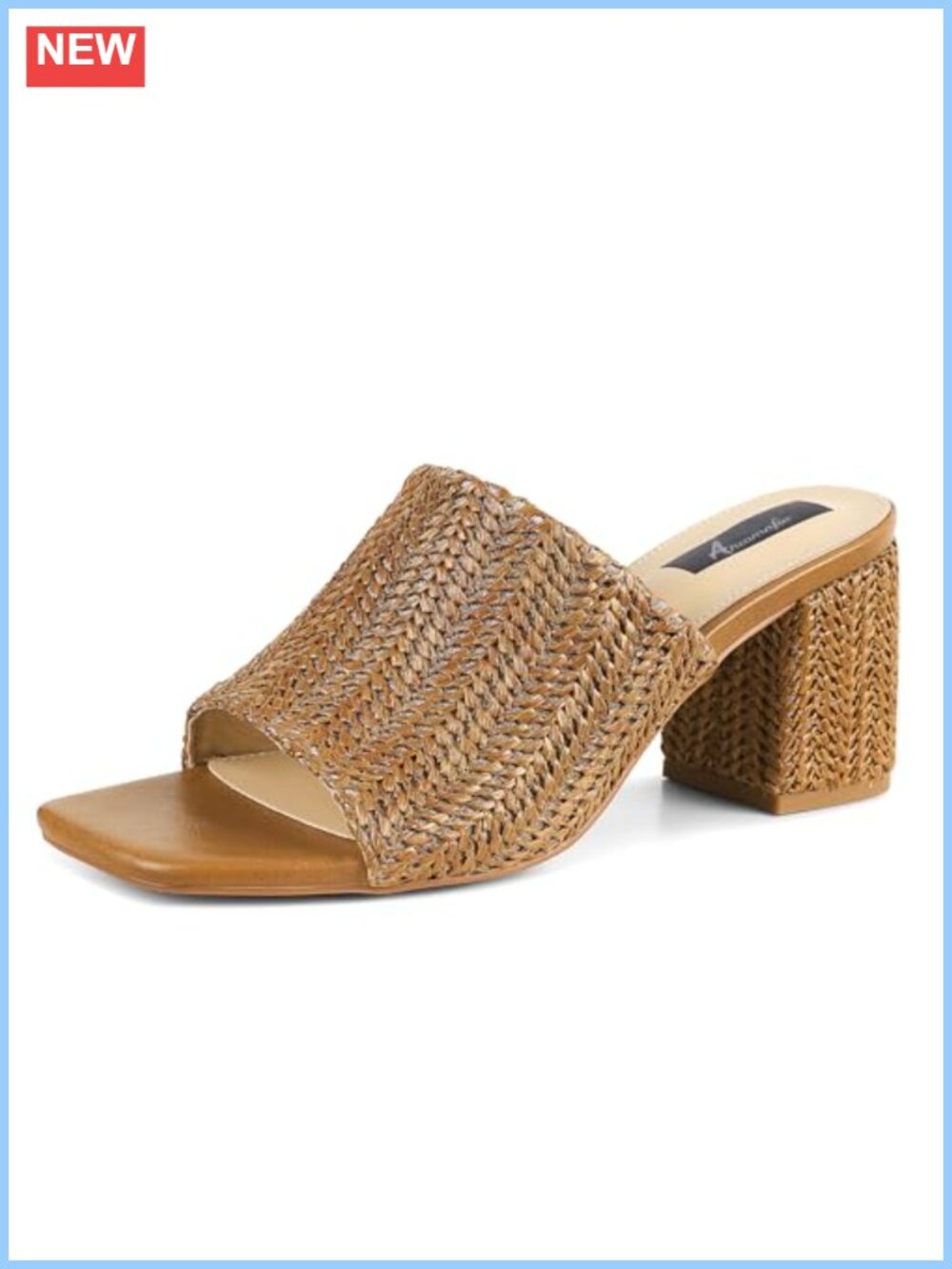 Raffia Heeled Sandals Square Toe Chunky Block Heel Mules Slip On